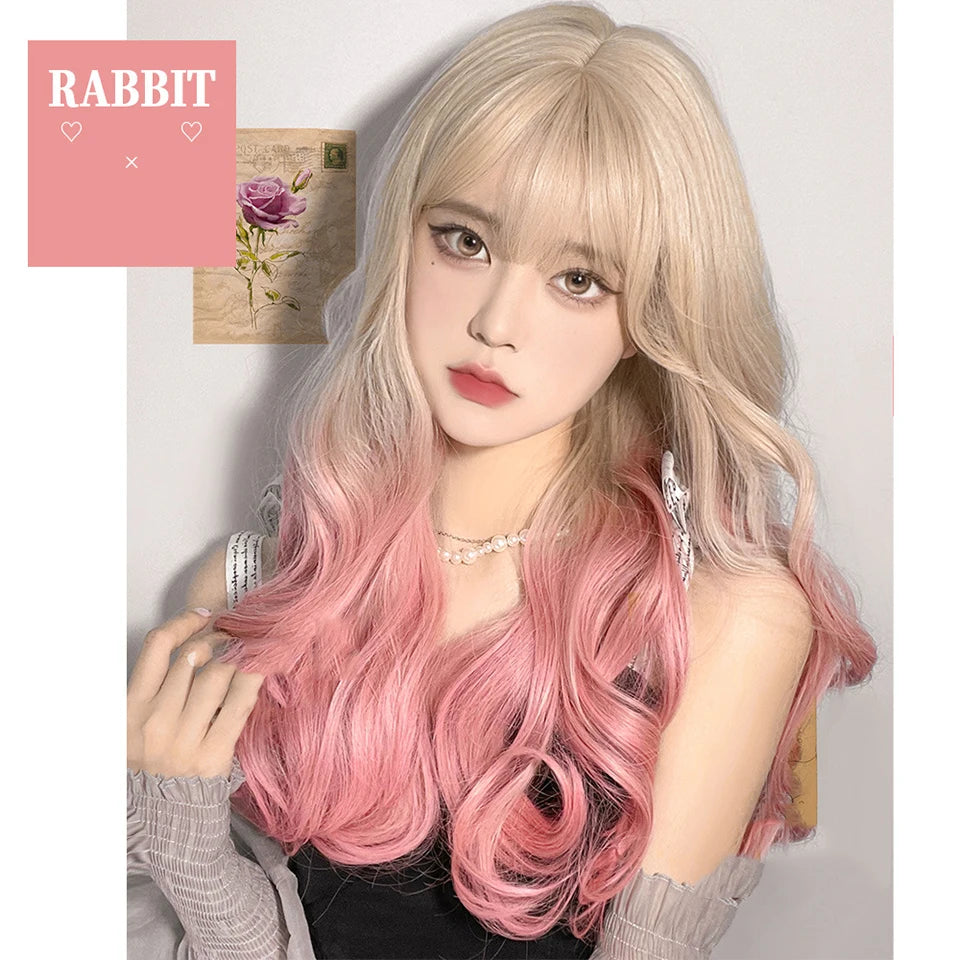 LM Long Natural Wavy Platinum Blonde Pink Wigs with Bangs Cosplay Party Lolita Synthetic Wigs for Women Heat Resistant Fiber