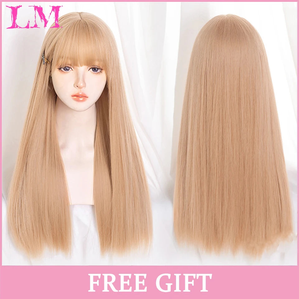 LM Long Natural Wavy Platinum Blonde Pink Wigs with Bangs Cosplay Party Lolita Synthetic Wigs for Women Heat Resistant Fiber