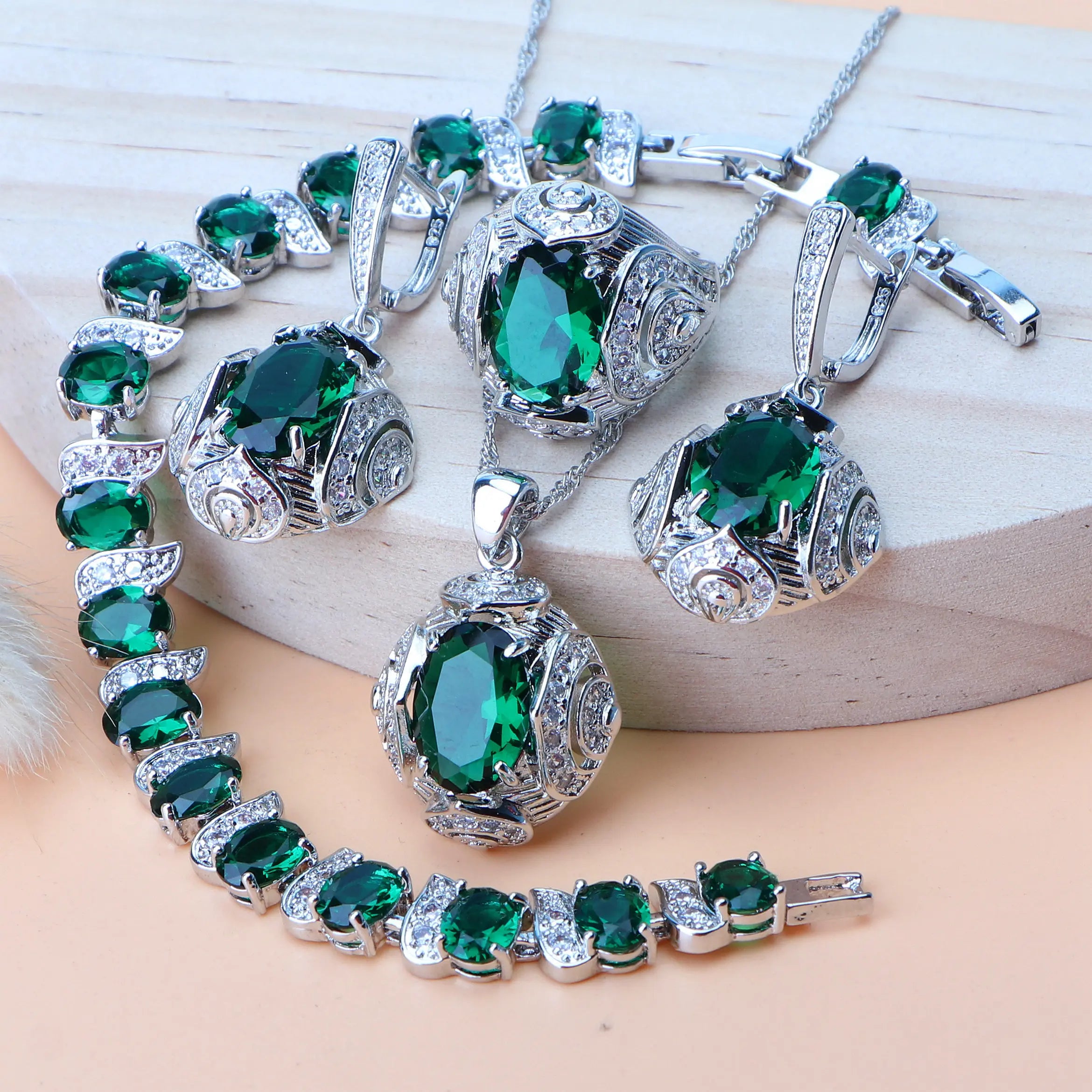 KIMLUD, Rainbow Natural Zircon Jewelry Sets 925 Sterling Silver Women Wedding Jewelry Earrings Bracelets Rings Pendant Necklace Set, 4PCS-Green / 10, KIMLUD APPAREL - Womens Clothes