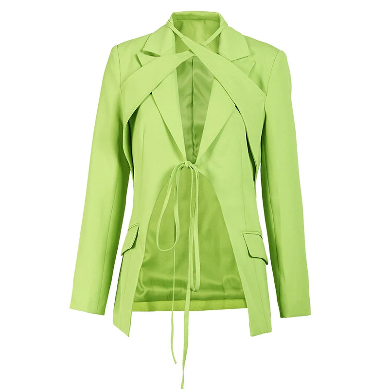 DEAT Fashion Women's Blazer Notched Lace-up Slim Pockets Patchwork Deconstruction Green Suit Jackets Autumn 2024 New Tide CP1984