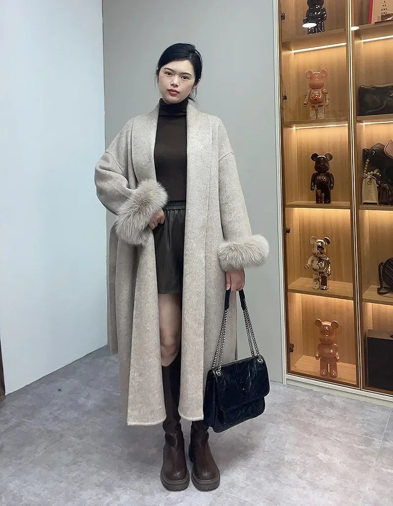 High End Double-sided Wool Strapping Real Wool Fur Coat Women's Removable Cuffs Fox Fur Temperament Cashmere Short Jacket