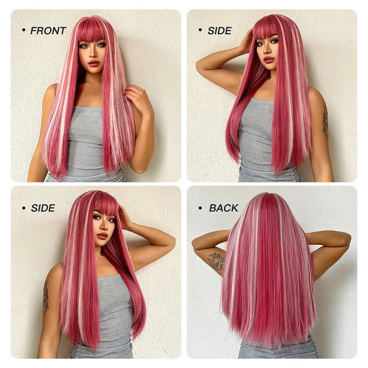 KIMLUD, Long Straight Pink Mixed White Synthetic Wigs with Bangs Halloween Cosplay Colorful Wigs for Women Natural Hair Heat Resistant, KIMLUD Womens Clothes