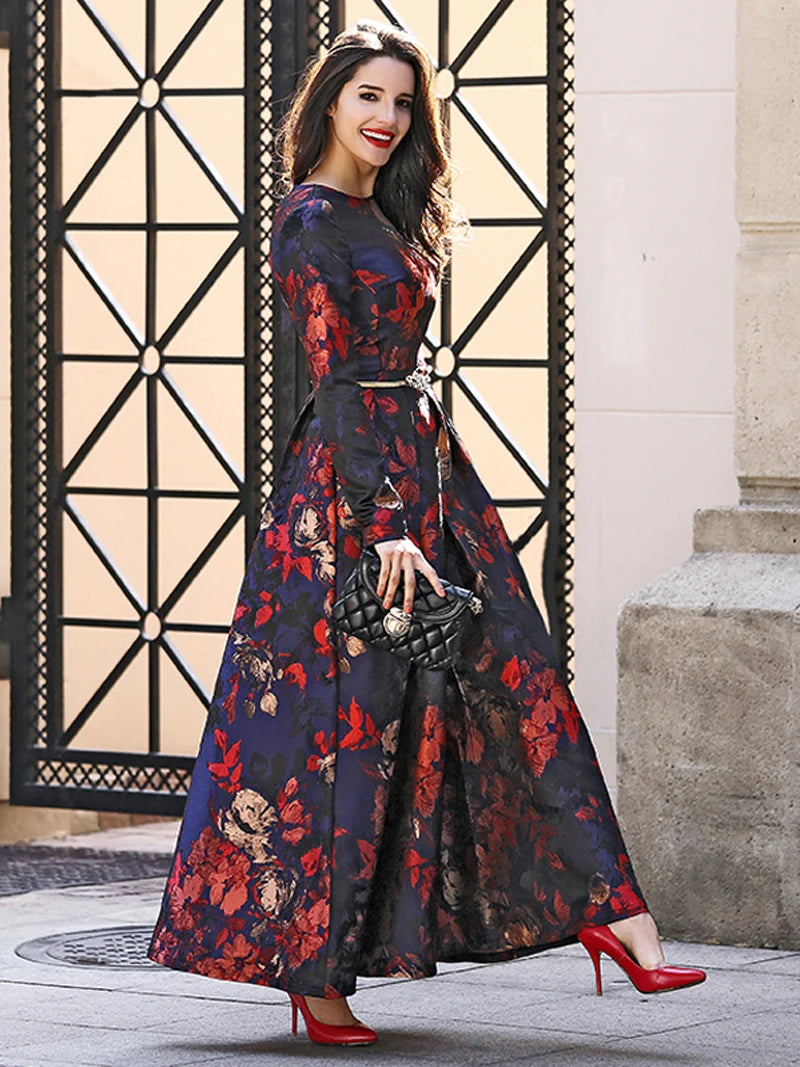 Elegant Women Long Sleeve Maxi Dress Fall Fashion Boho Floral Jacquard Muslim Dress Ladies Vintage Party Clothes