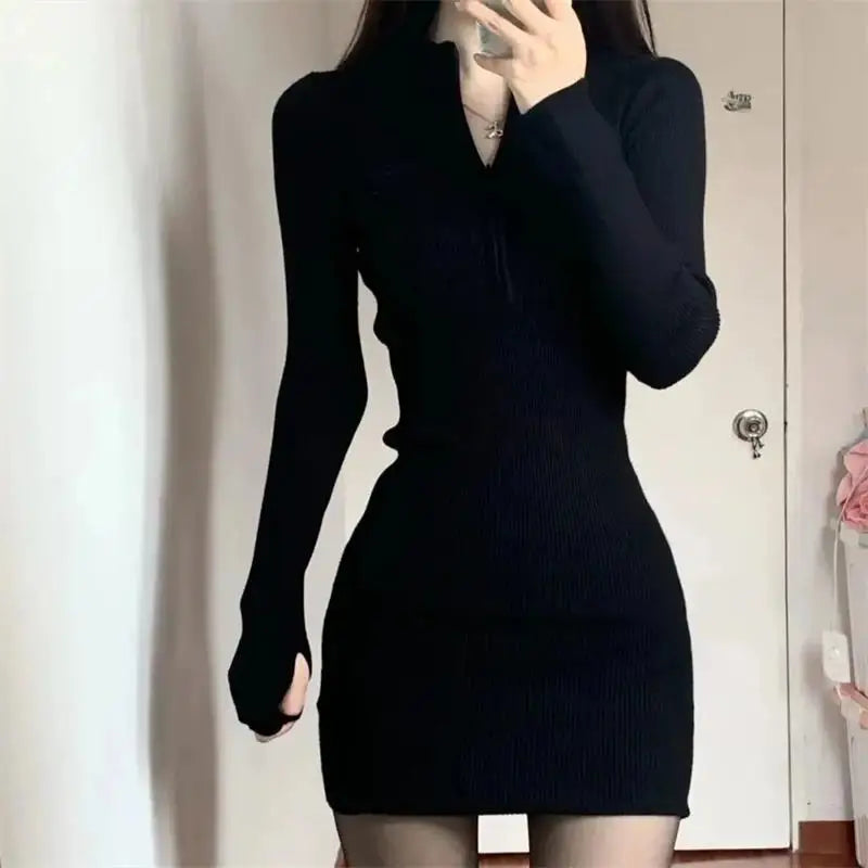 Long Sleeve Dresses for Women Black Sexy Club Bodycon Mini Dress Y2k High Waist Ladies Korean Short Dress Basic Autumn Winter