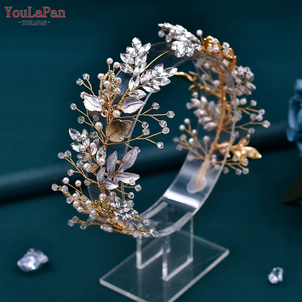 YouLaPan Alloy Leaves Headband Bridal Wedding Rhinestone Headwear Delicate Handmade Beaded Crystal Jewelry Hair Accessory HP272