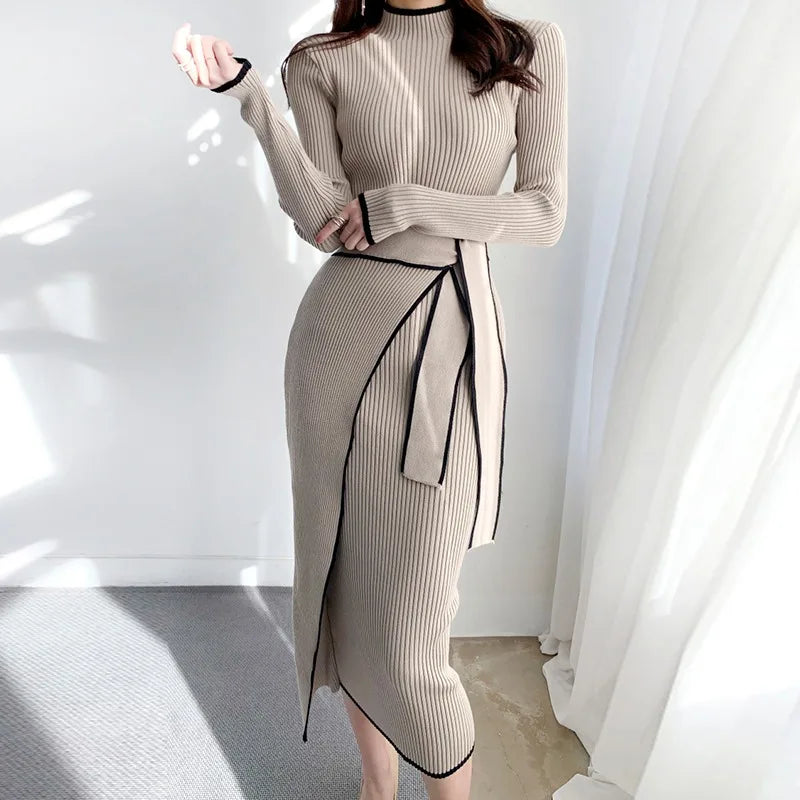 YuooMuoo Elegant Lace Up Turtleneck Knitted Long Dress Korean Fashion Khaki Black Rib Bandage Bodycon Sweater Dress Robe Femme - KIMLUD