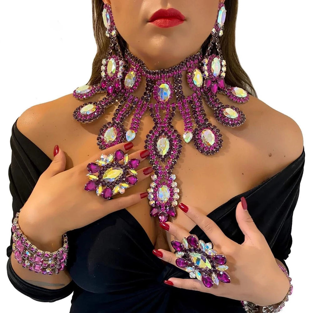 KIMLUD, Purple Crystal Necklace Earrings Bracelet Rings Set Wedding Women Exaggerate Decoration Nigeria Bridal Jewelry Sets Party Gift, KIMLUD Womens Clothes