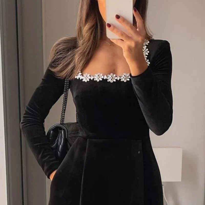 White Pleated Hem Spliced Mini Dress Elegant Square Neck Long Sleeve High Waist Dresses 2024 Autumn women Chic Party Streetwear