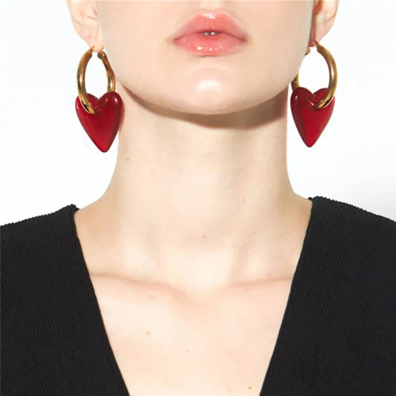 Vintage Red Heart Drop Earrings For Women Personality Big Hoop Earrings Women's Accessories Jewelry