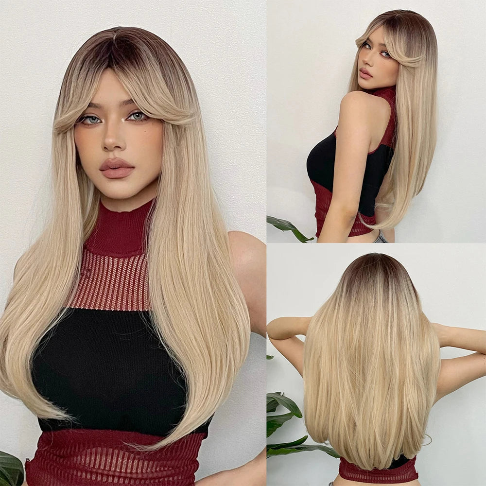 KIMLUD, Blonde Golden Synthetic Wigs Long Straight Hair Natural Wig for Women Middle Part Wigs Cosplay Party Heat Resistant Fake Hair, LC5227-1 / CHINA, KIMLUD APPAREL - Womens Clothes