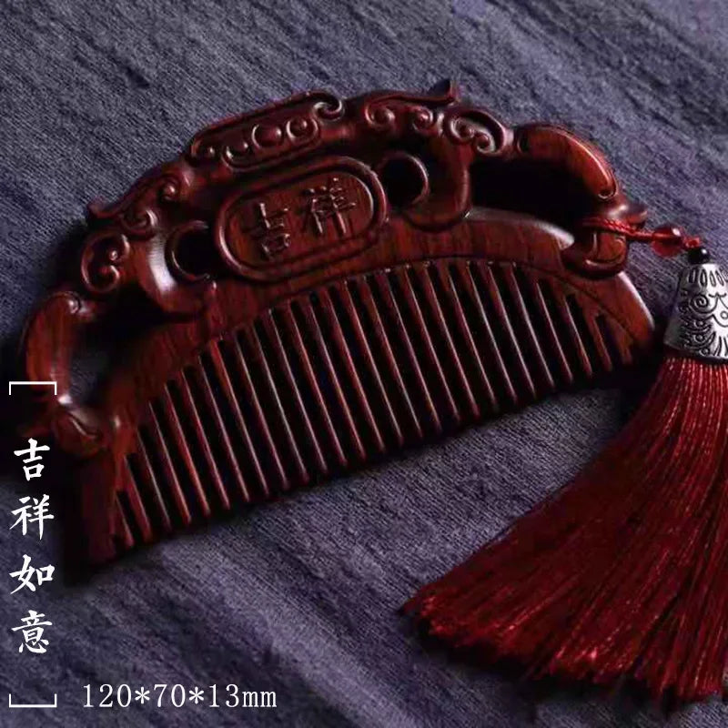 Natural Rhinoceros Horn Small Leaf Red Sandalwood Carved Wood Comb Retro Style Massage Comb Gifts with comb - KIMLUD