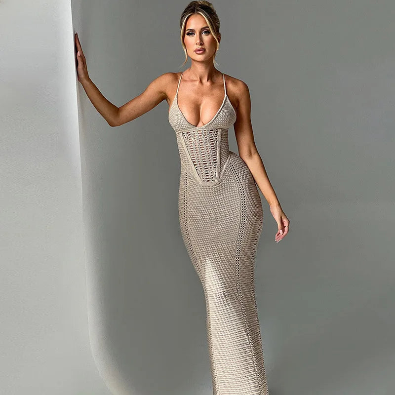 Bandage Backless Sexy Hollow Out Bodycon Beach Dress Sundress Women Summer Sleeveless V Neck Y2K Streetwear Maxi Long Dresses