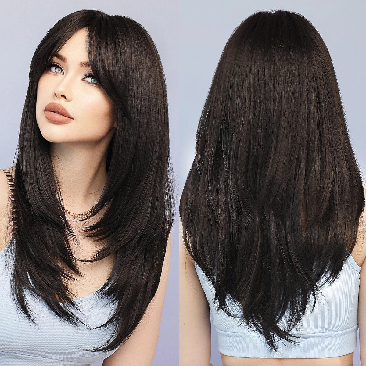 KIMLUD, Synthetic Loose Straight Wig for Women Daily Party High Density Natural Middle Part Layered Black Hair Wigs with Curtain Bangs, MW9039-805, KIMLUD APPAREL - Womens Clothes