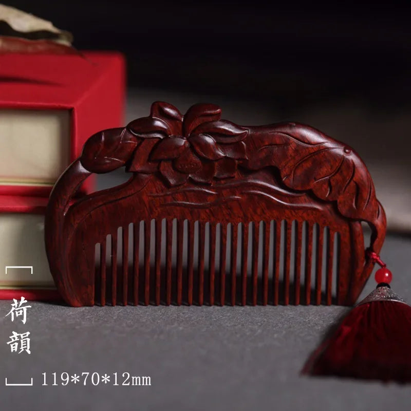 Natural Rhinoceros Horn Small Leaf Red Sandalwood Carved Wood Comb Retro Style Massage Comb Gifts with comb - KIMLUD