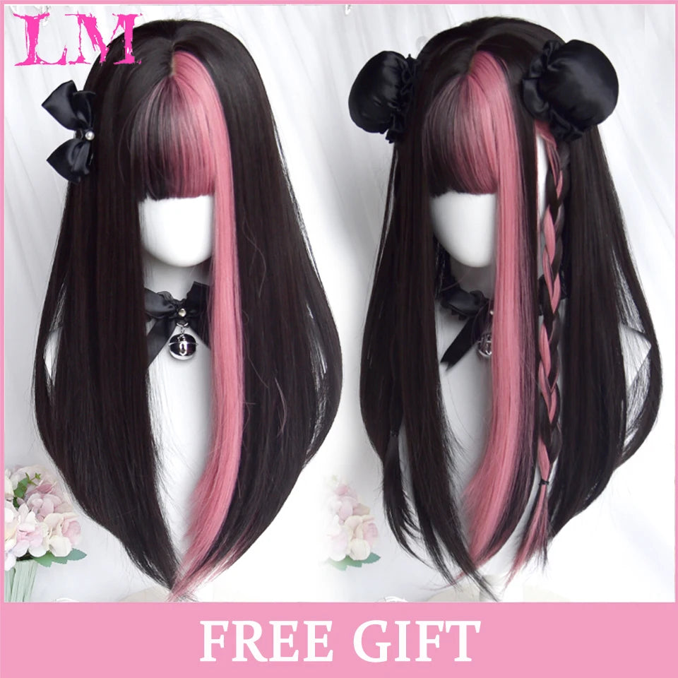 LM Long Natural Wavy Platinum Blonde Pink Wigs with Bangs Cosplay Party Lolita Synthetic Wigs for Women Heat Resistant Fiber