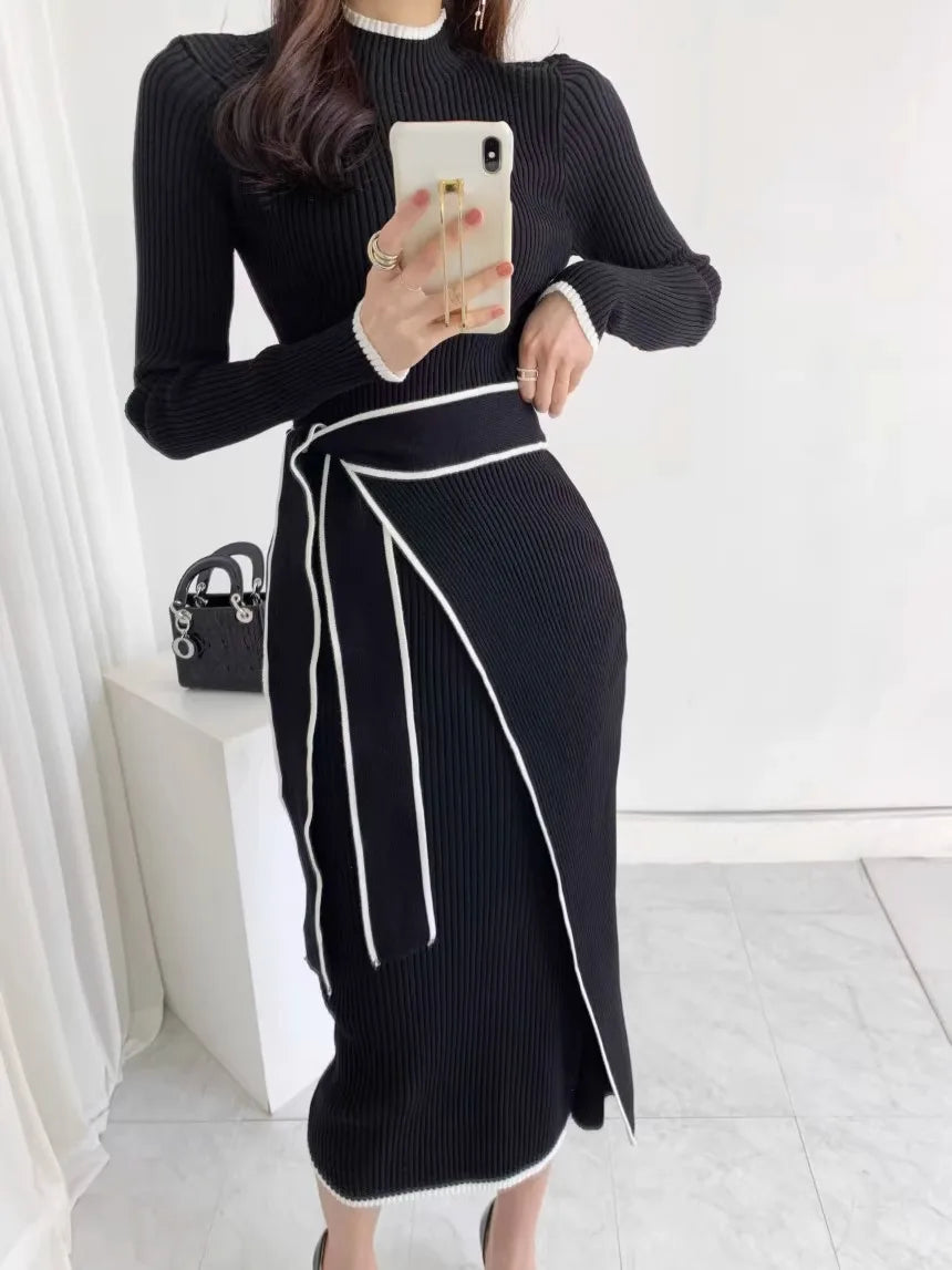 YuooMuoo Elegant Lace Up Turtleneck Knitted Long Dress Korean Fashion Khaki Black Rib Bandage Bodycon Sweater Dress Robe Femme