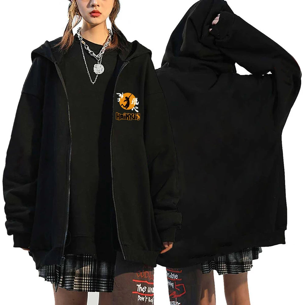 Women Men Anime Hoodie Haikyuu Zip Up Jacket Karasuno High School Plus Size Sweatshirt Harajuku Unisex Autumn Warm Streetwear