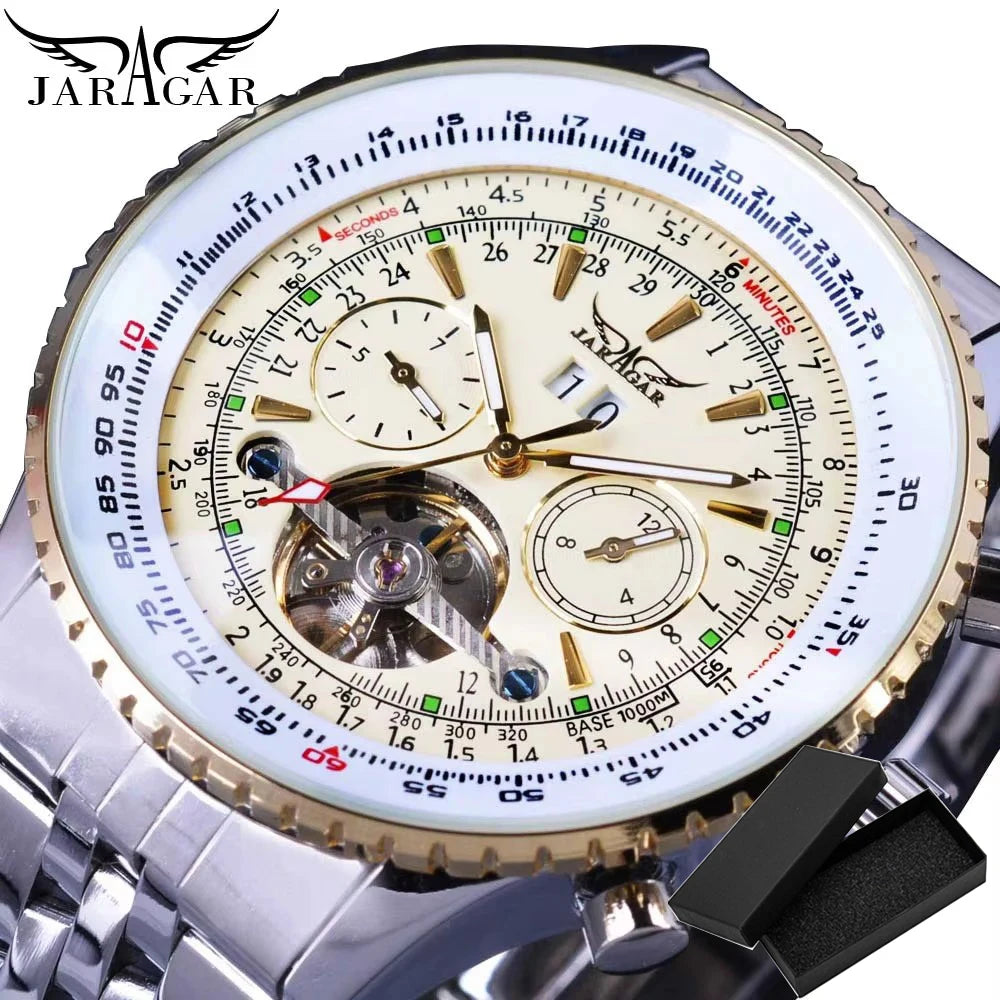 Jaragar Classic Tourbillon Men Mechanical Watch White Automatic Calendar Big Dial Stainless Steel Band Military Pilot Wristwatch