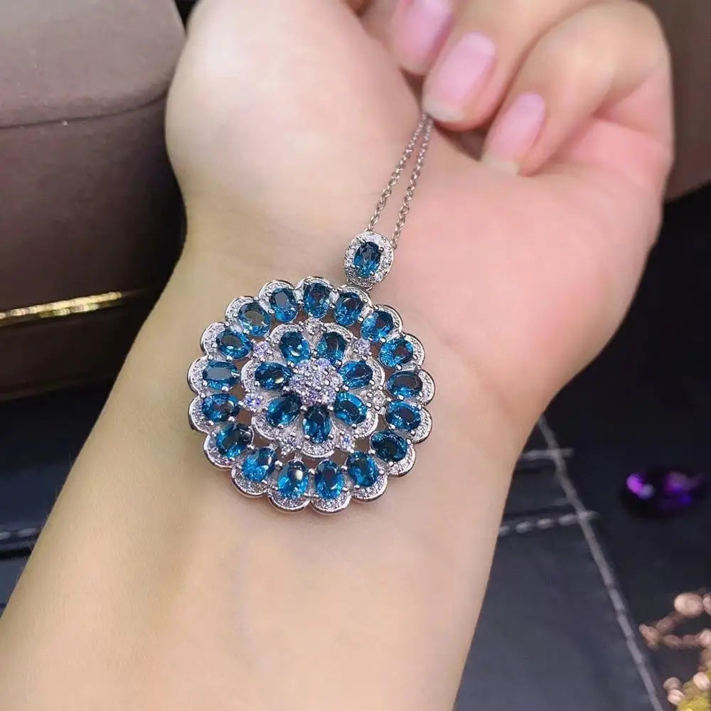 Natural London Blue Pendant With Chain Genuine S925 Sterling Silver Necklace Woman Fashion Jewelry Topaz Jewelry Bridal Pendant