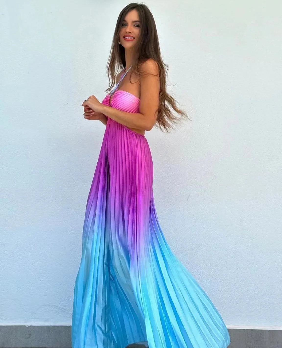 2024 Summer Fashion Women Long Dress Sexy Halter Neck Dress Sleeveless Hanging Trint Comfortable Party Club Women Streetwear