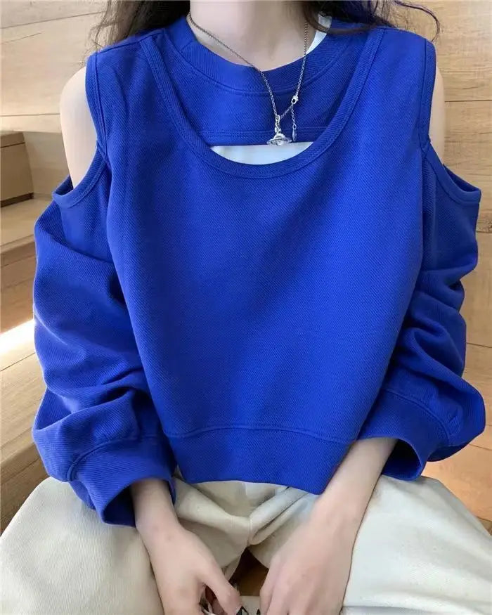 Spring Autumn Casual Fashion Hollow Out Sweatshirt Ladies Loose All-match Off the Shoulder Top Women Korean Style Solid Pullover