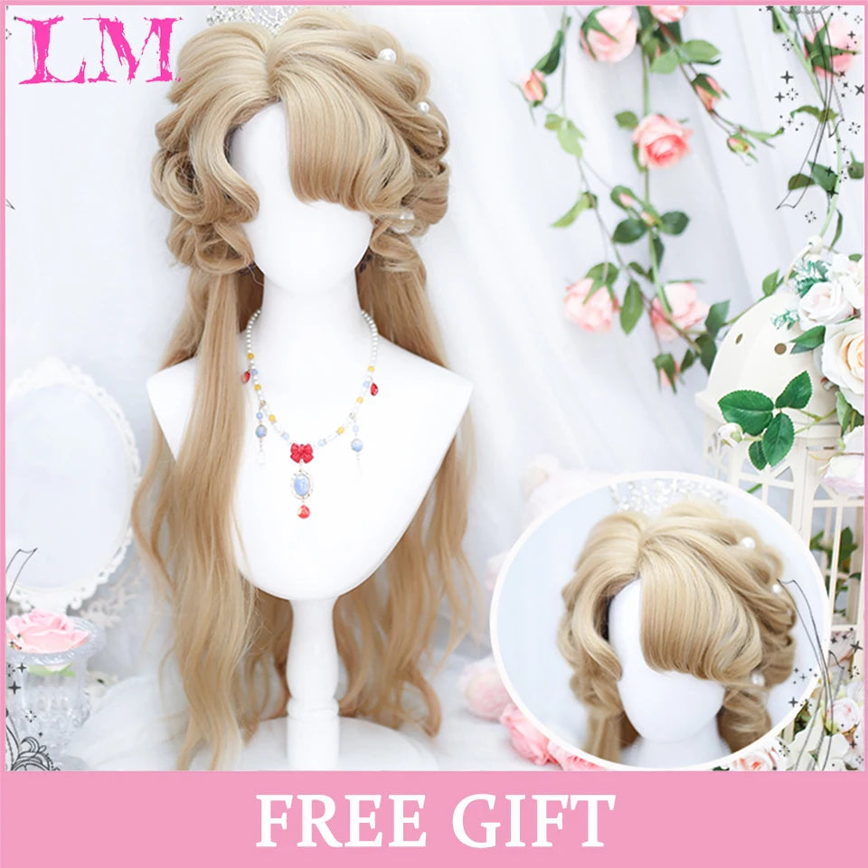 LM Long Natural Wavy Platinum Blonde Pink Wigs with Bangs Cosplay Party Lolita Synthetic Wigs for Women Heat Resistant Fiber