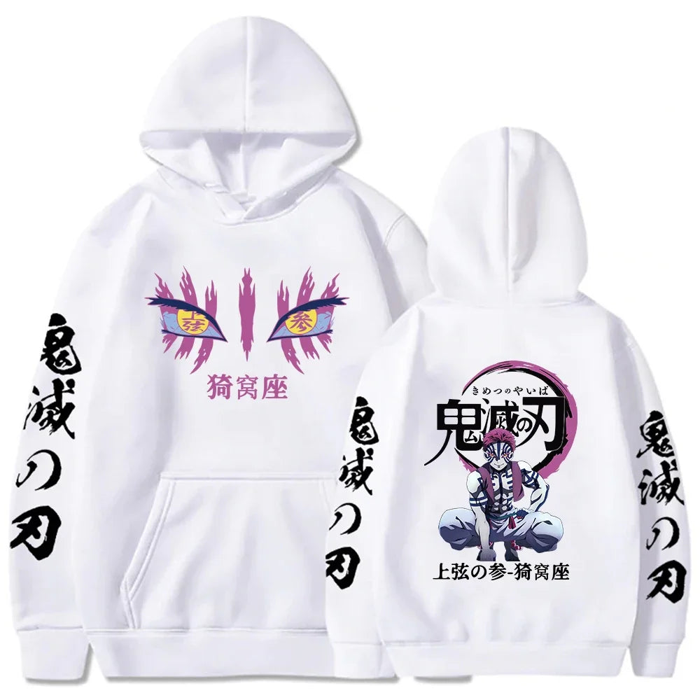 KIMLUD, Japanese Anime Demon Slayer Hoodies for Men Akaza Manga Graphic Streetwear Pullover Hoody Long Sleeve Crewneck Hooded Sweatshirt, WHITE / S, KIMLUD APPAREL - Womens Clothes