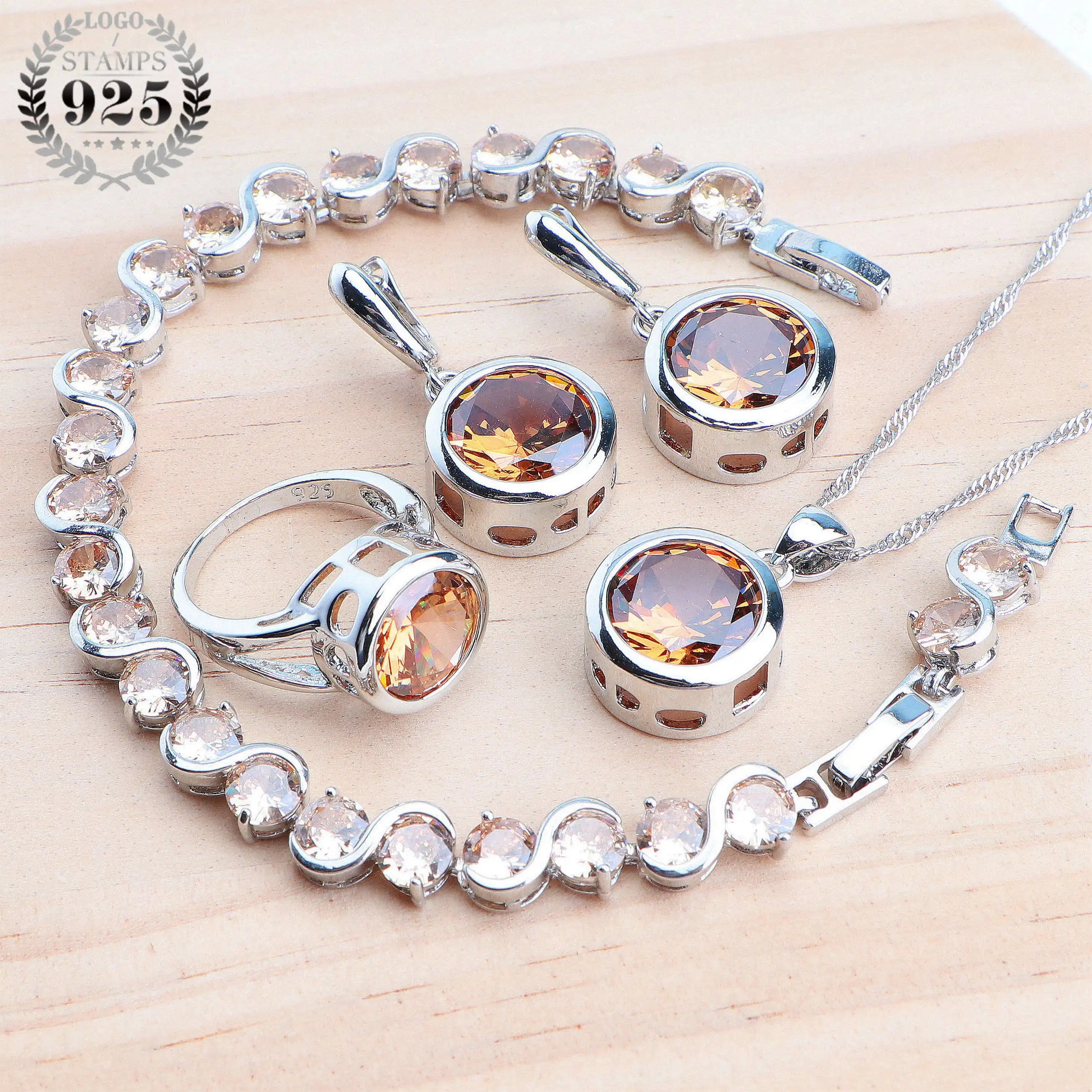 925 Sterling Silver Jewelry Sets Bridal Women Natural Magic Rainbow Zircon Earrings Ring Bracelets Pendant Wedding Necklace Set - KIMLUD