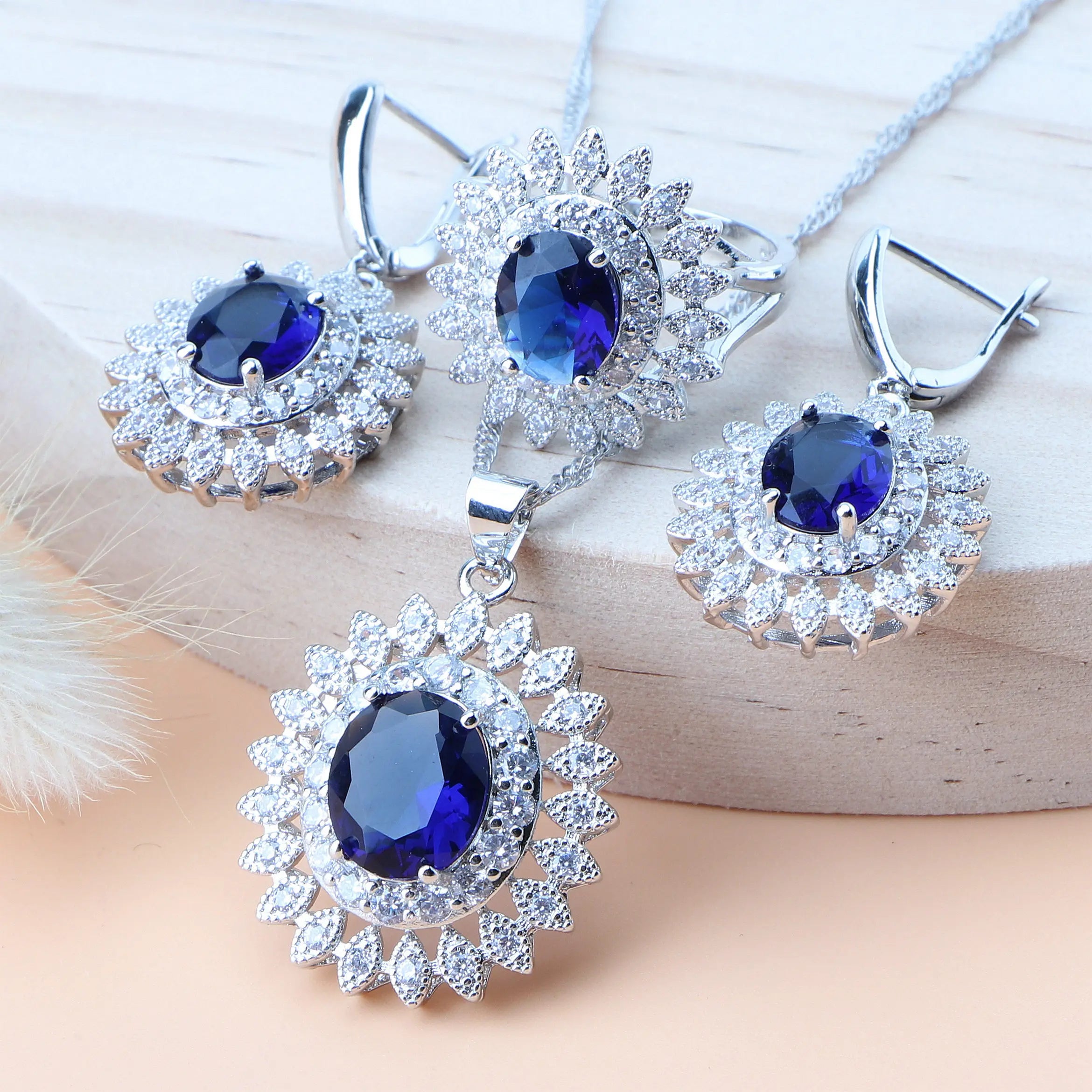 KIMLUD, Natural Bridal Jewelry Sets Silver 925 Jewelry Ring Pendant Necklace Earrings Bracelets Wedding Blue Cubic Zircon Set For Women, 3PCS-Blue / 9, KIMLUD APPAREL - Womens Clothes