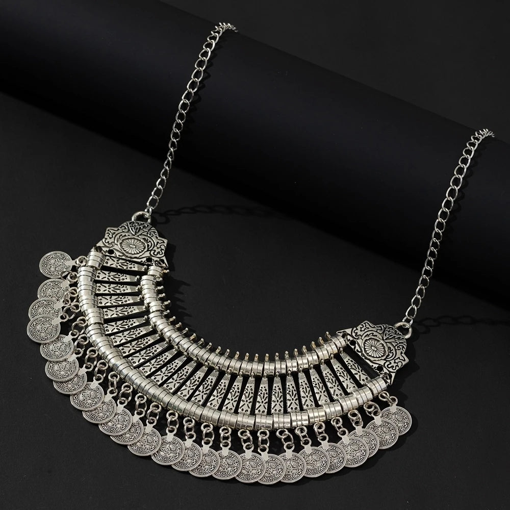 KIMLUD, Gypsy Bohemia Metal Coin Tassel Statement Choker Necklace Women Boho Afghan Turkish Ethnic Tribal Jewelry, T320silver, KIMLUD APPAREL - Womens Clothes