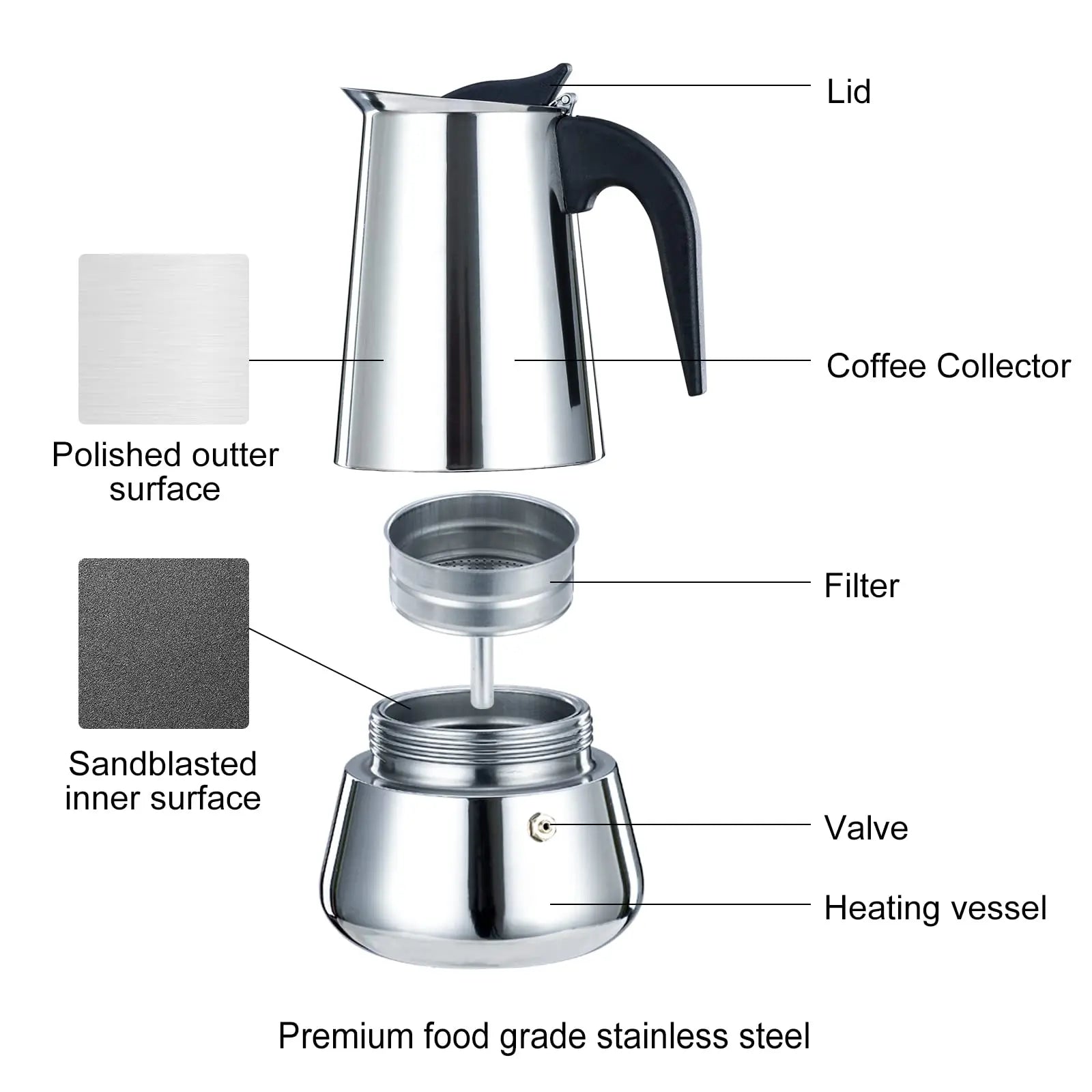 1-12 Cup 600ML Stovetop Moka Pot for Portable Coffee Maker,Stainless Steel Coffee Pot,Espresso Percolator Maker for Home Camping