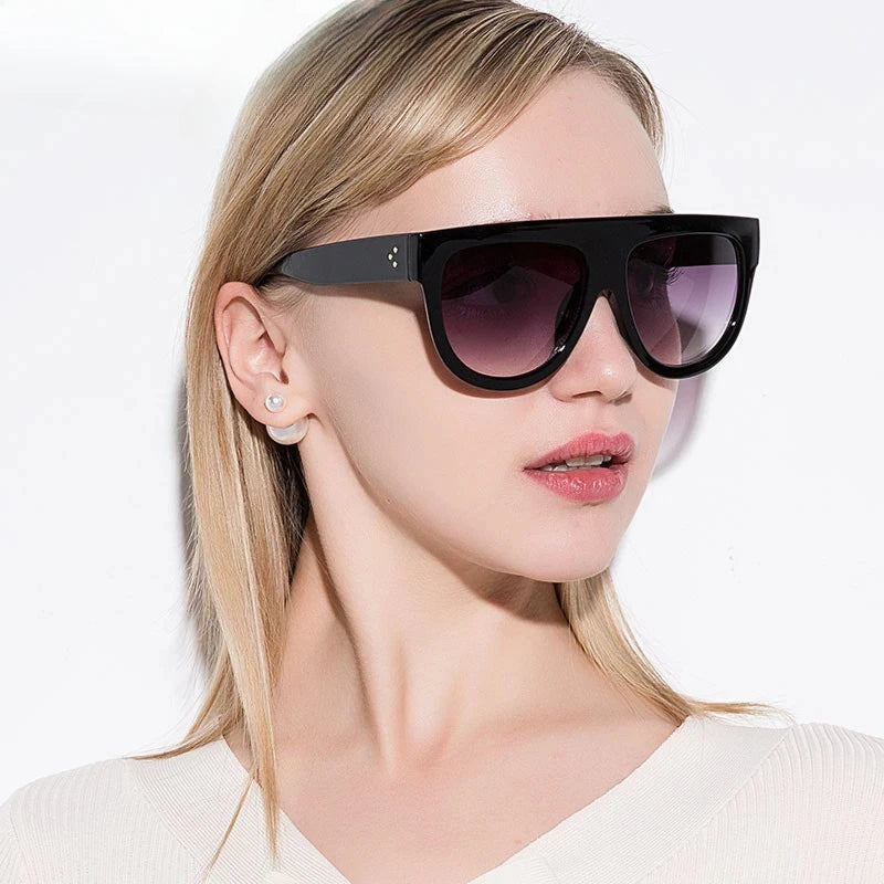 Lady Flat top Oversized Sunglasses Women Retro Female Big Frames UV400 Cat Eye Sunglass Electroplated Rivet Sun Glasses Shades