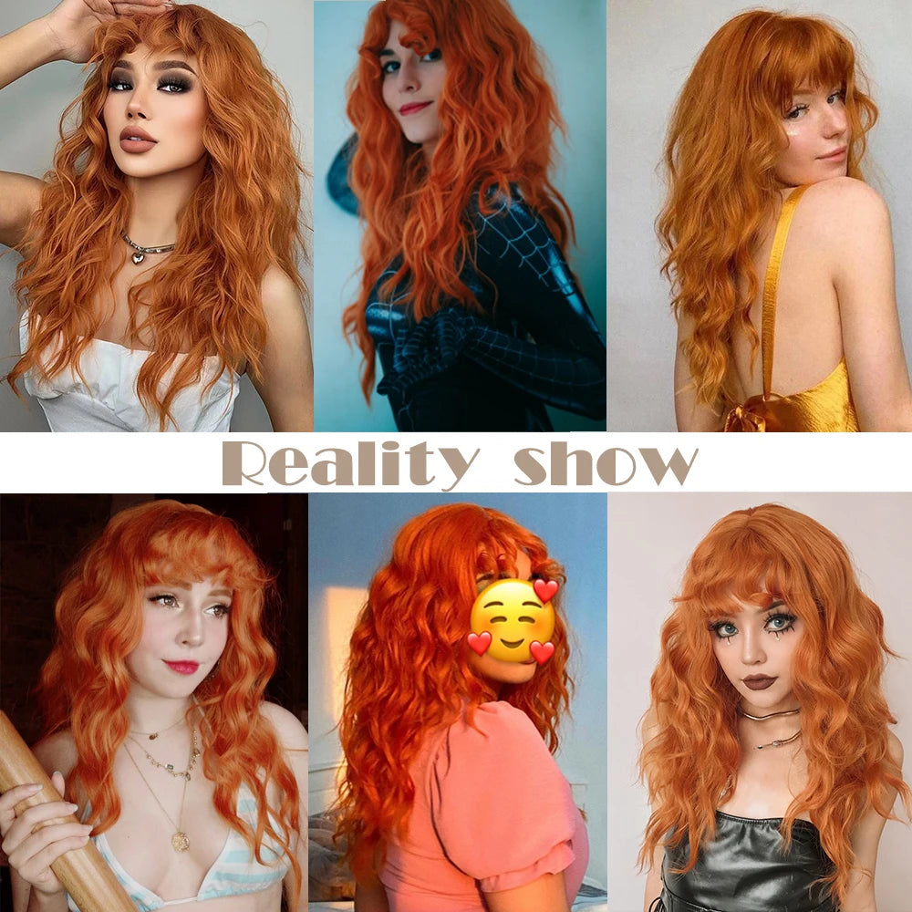 Cosplay Ginger Orange Long Curly Synthetic Wigs with Bangs Deep Wave Lolita Hair for Women Halloween Party Daily Heat Resistant