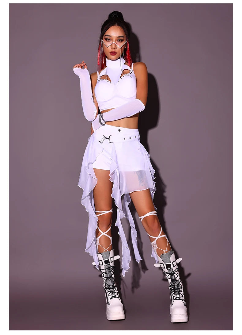 KIMLUD, 2024 New Jazz Dance Costumes For Women White Loose Kpop Outfits Girls Group Gogo Dancers Dress Nightclub Bar Stage Wear DN17932, KIMLUD Womens Clothes