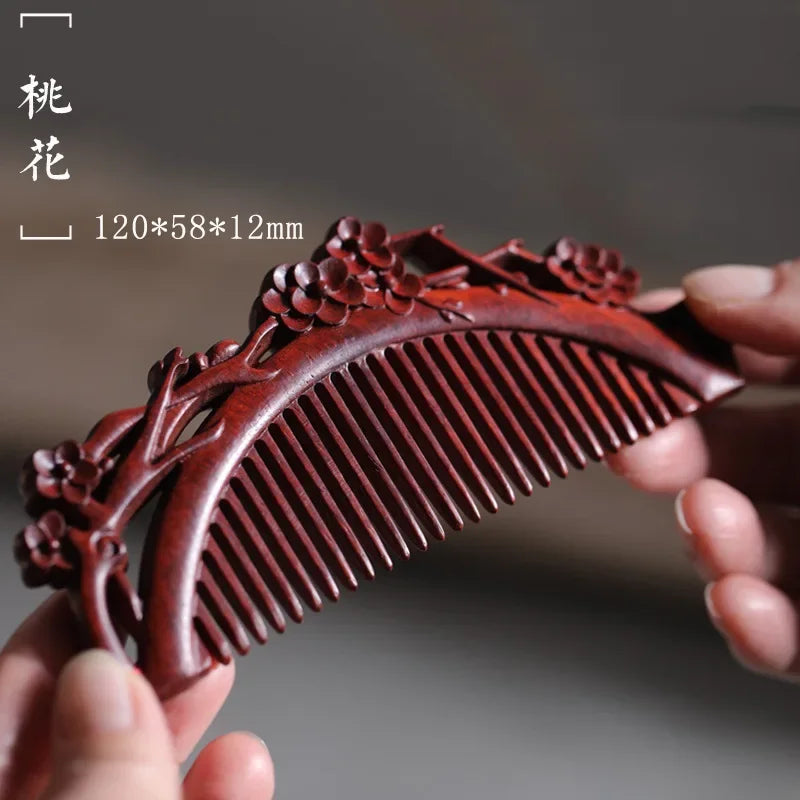 Natural Rhinoceros Horn Small Leaf Red Sandalwood Carved Wood Comb Retro Style Massage Comb Gifts with comb - KIMLUD