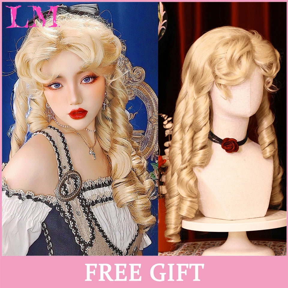 LM Long Natural Wavy Platinum Blonde Pink Wigs with Bangs Cosplay Party Lolita Synthetic Wigs for Women Heat Resistant Fiber