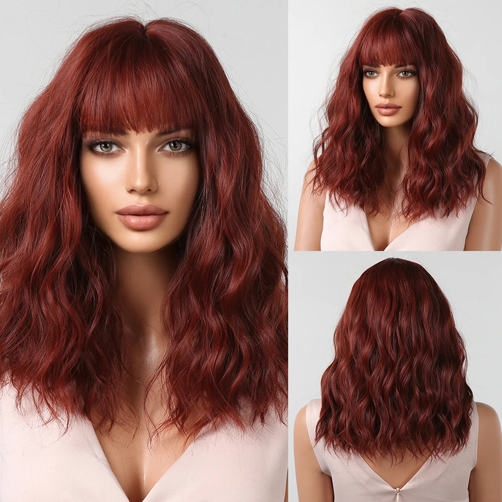 KIMLUD, HENRY MARGU Red Copper Ginger Synthetic Wigs with Bangs Medium Water Wave Natural Bob Daily Hair Wigs for Women Heat Resistant, WL1065-1 wig, KIMLUD APPAREL - Womens Clothes