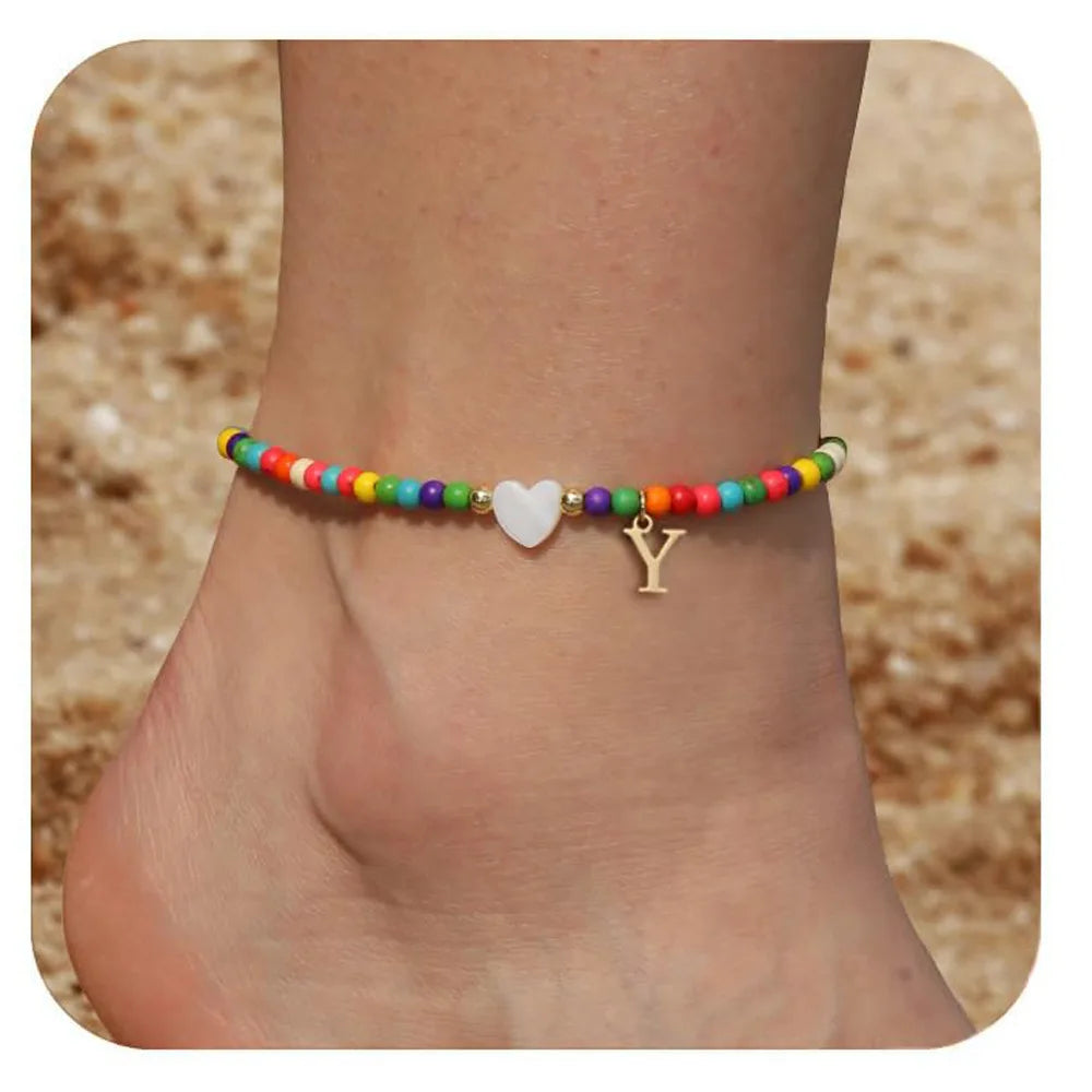 KIMLUD, Rainbow Round Beads Anklet Stainless Steel Love Heart 26 Letters A-Z Pendant Anklets For Women Boho Gold Color Ankle Bracelet, Y, KIMLUD APPAREL - Womens Clothes