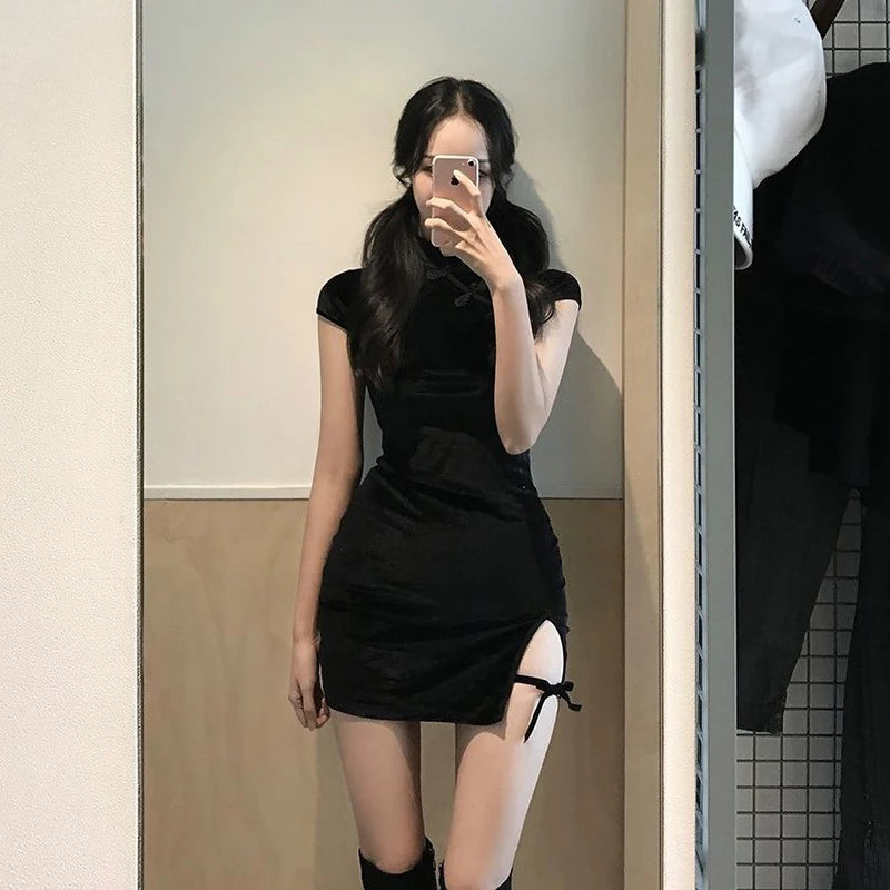 Elegant Black Short Sleeve Button Sexy Dress Women Casual Shopping Photo New Chinese Dress Tight Fashion Summer 2022 - KIMLUD