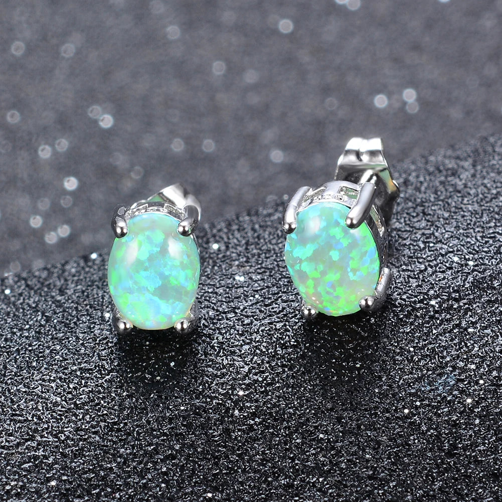 Silver Color Cute Oval Green Opal Stone Stud Earrings for Women Dainty Classic 4 Claws Natural Fire Opal Stone Students Earrings