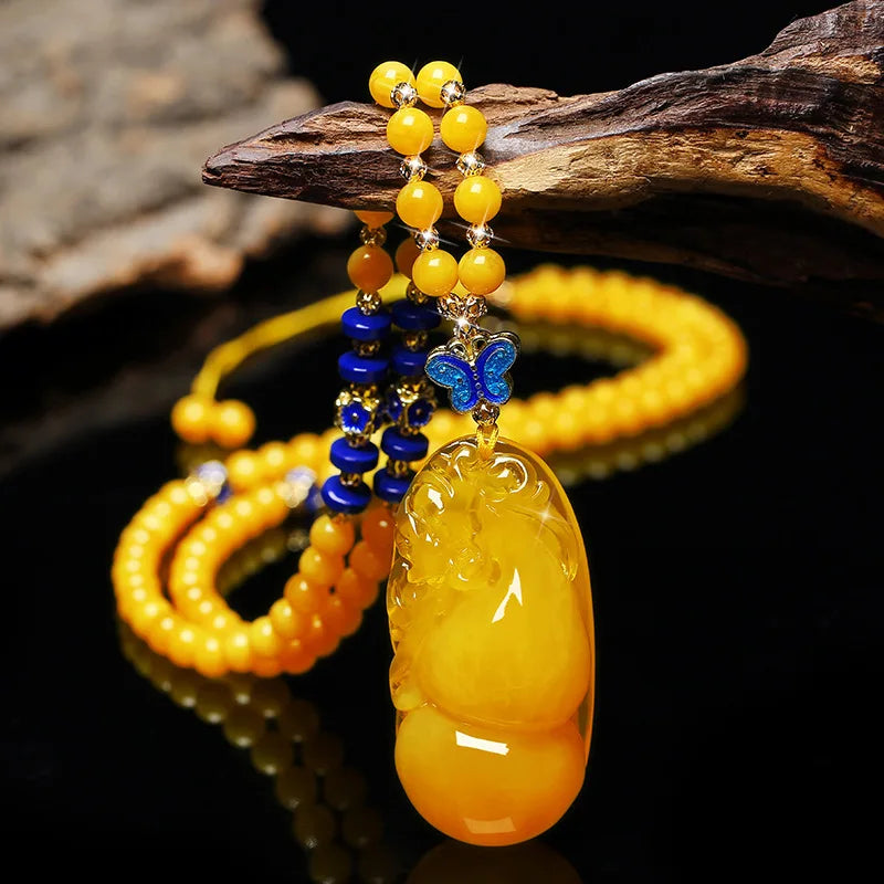 Drainage Gift Beeswax Pendant Women's Water Drop with Shape Sweater Chain Blue Carving Amber Necklace Pendant