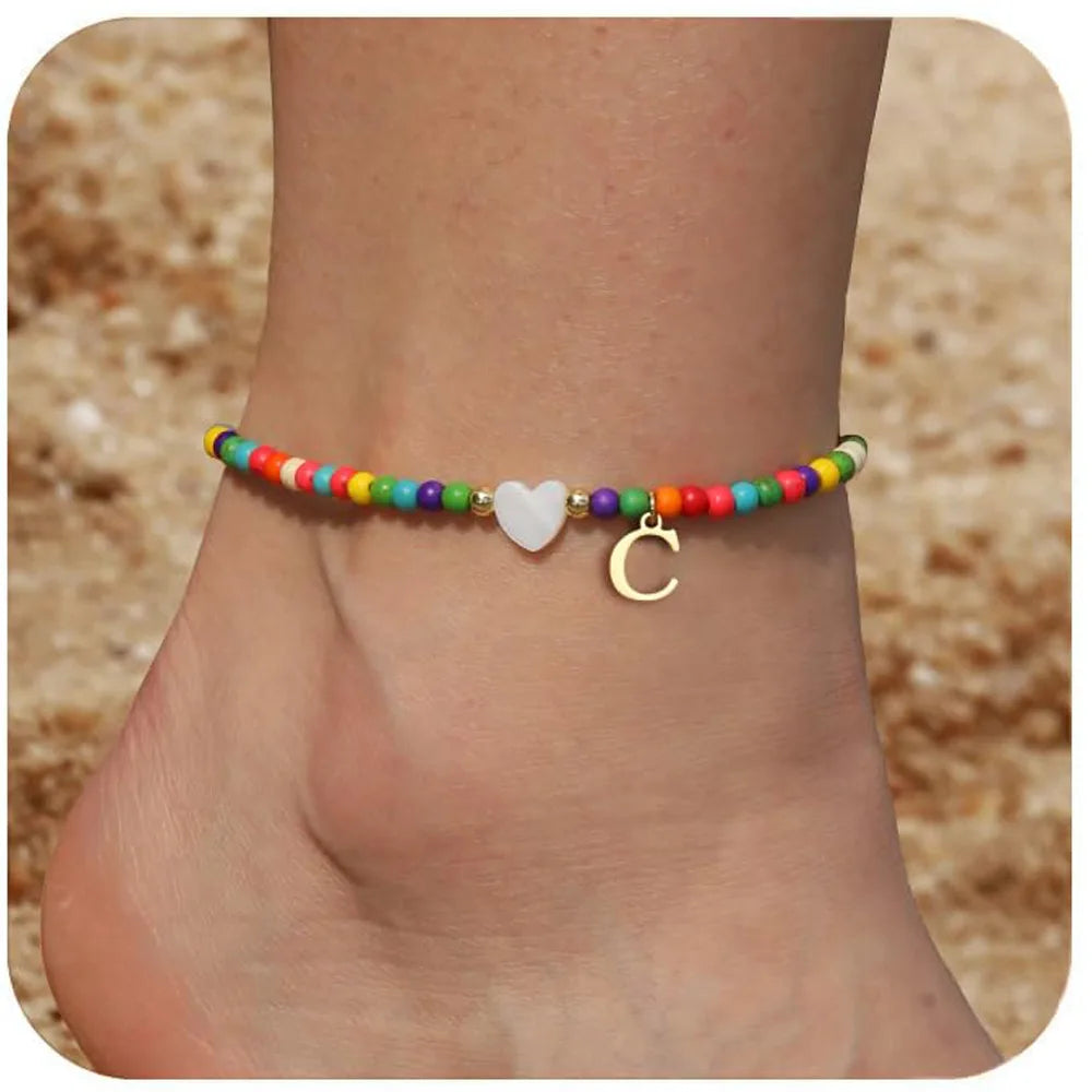 KIMLUD, Rainbow Round Beads Anklet Stainless Steel Love Heart 26 Letters A-Z Pendant Anklets For Women Boho Gold Color Ankle Bracelet, C, KIMLUD APPAREL - Womens Clothes