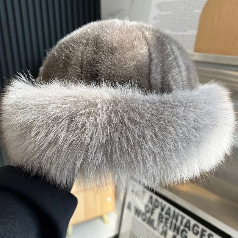 Real Mink Fur Hat For Women Winter Natural Mink Fur Hat With Fox Fur Brim Female Fashion Fisherman Hat Thicked Fur Bomber Hats