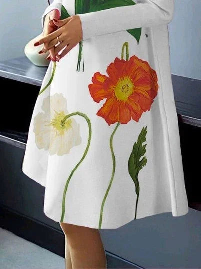 UOOZEE Women British Style High Neck Evening Midi Dresses 2025 New Autumn Flower Printed Long Sleeves Elegant A-line Dress