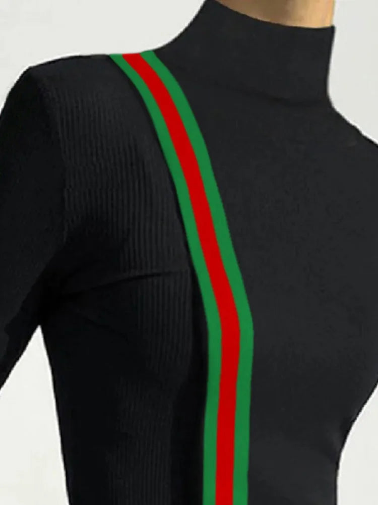 Female Clothing Skinny T-Shirts Fashion Striped Slit High Neck Contrast Color Spring Autumn Black Women's Base Layer