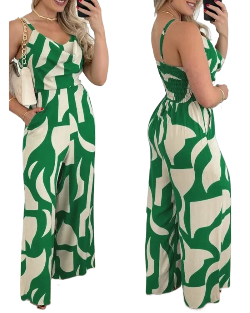 KIMLUD, Women Sexy Spaghetti Strap Print Backless Wide Leg Jumpsuits, green / S, KIMLUD APPAREL - Womens Clothes