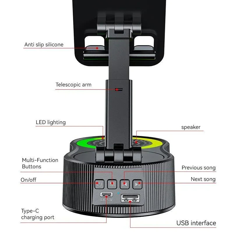 360°rotatable Adjustable FoldingLift-non-slip Phone Holder Wireless Speaker with Colorful Ambient Light 5.3 HDSurround Subwoofer