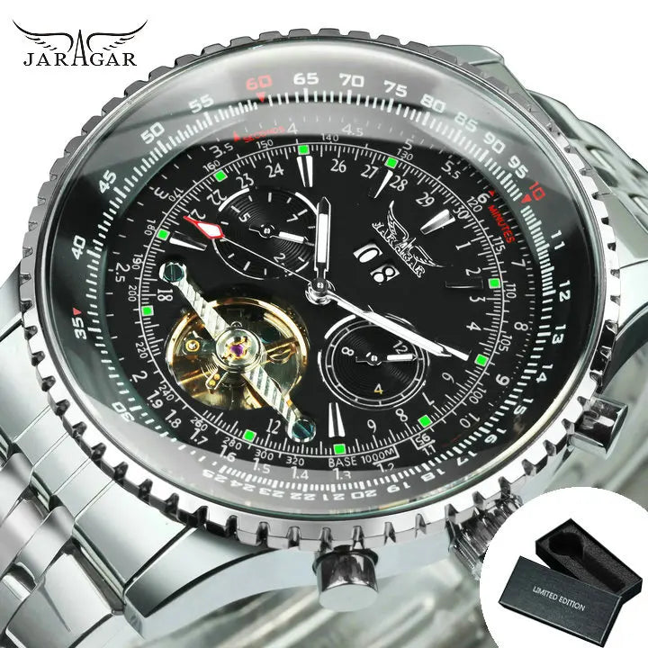 Jaragar Military Sports Automatic Watch for Men Multifunction Dial Tourbillon Skeleton Mechanical Watches Luxury Steel Band Glow