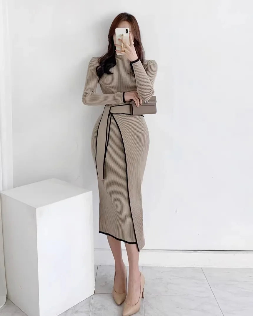 YuooMuoo Elegant Lace Up Turtleneck Knitted Long Dress Korean Fashion Khaki Black Rib Bandage Bodycon Sweater Dress Robe Femme