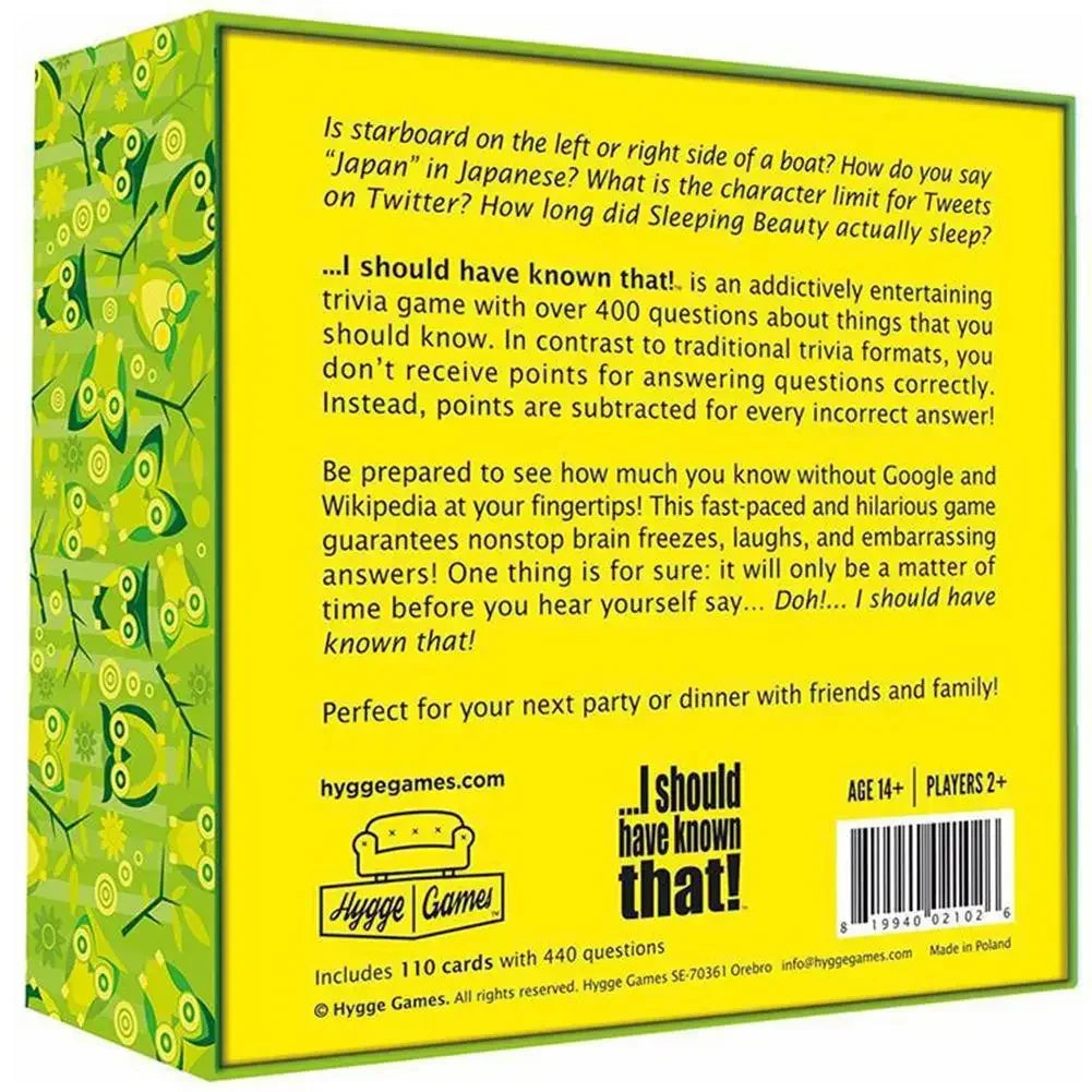 I Should Have Known That! Trivia Game Green Board Game 110 Cards With 400 Questions About Things That You Should Know Card Game